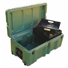 This PELICAN footlocker is a personal belonging storage container made of green plastic. It measures 17 inches by 33 inches by 14 inches and features two handles, including a soft grip handle. Suitable for securing and transporting gear in industrial, military, or outdoor settings.