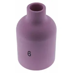 This large-diameter gas lens nozzle is made of alumina for high thermal resistance. It is a No. 6, X-Long model, supplied in a 10-pack. Used in TIG welding to improve gas coverage and access in confined areas.