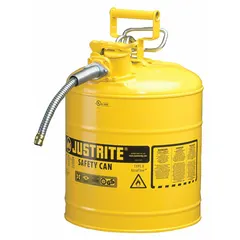 This JUSTRITE Type II Safety Can is a 5-gallon container designed for storing and dispensing diesel fuel. It includes a 5/8 in OD hose and is colored yellow. Typical applications include use in maintenance shops, construction sites, and manufacturing facilities where safe handling of flammable liquids is required.