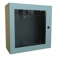 This steel washdown enclosure measures 20 x 20 x 8 inches and features a solid cover with a window. It is rated NEMA 12/3R/4, making it suitable for indoor or outdoor use where protection from dust, water, and corrosion is required. The enclosure uses a 1/4-turn latch for closure and does not include knockouts. Typical applications include housing electrical controls and components in industrial environments such as food processing or manufacturing plants