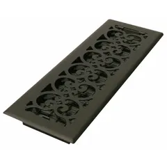 This one-way floor register is constructed of steel with a decorative textured black finish. It measures 15 1/2 inches in height and 5 1/2 inches in width, designed for single-direction airflow in HVAC floor systems. The non-adjustable grille directs air from a duct into a room.