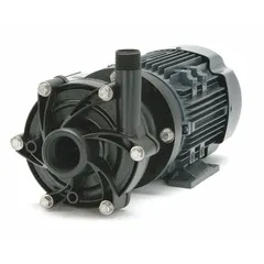 Magnetic-drive straight centrifugal pump with a 3/4 hp three-phase motor. Constructed of PVDF with a Viton gasket, it operates on 208-230/460V AC. The sealless magnetic drive eliminates leakage, making it suitable for transferring corrosive or high-purity fluids in chemical processing, plating, and water treatment applications.