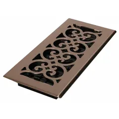 This floor register covers HVAC duct openings in floors, directing conditioned air upward through a one-way grille. The brushed nickel steel construction provides a decorative finish. It measures 9 1/2 inches in height and 5 1/2 inches in width, with no adjustable blades.