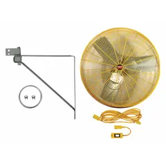 This Dayton wall-mount fan features a 24-inch blade diameter and a 1/3 hp motor operating on 115V AC. It offers two speeds in a non-oscillating configuration, designed for wall mounting to provide directed airflow in industrial facilities such as workshops, warehouses, and plants.