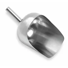 This stainless steel hygienic hand scoop is designed for manual handling of bulk materials in food processing and commercial kitchen environments. It features a 160 oz capacity, with overall dimensions of 15 inches length and 8 1/2 inches width. The smooth silver stainless steel construction facilitates cleaning and sanitation.