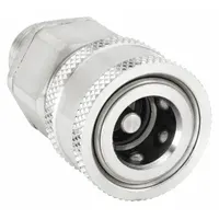 This quick-connect coupling body is used to rapidly connect and disconnect fluid lines in hydraulic systems. Constructed from 316 stainless steel with a fluorocarbon seal, it is suited for corrosive or high-temperature fluid handling. Thread size is 1/4"-18