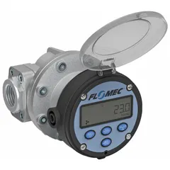 This oval gear totalizer from FLOMEC is designed for measuring lubricants, oils, and other viscous fluids. It features an aluminum body with FNPT connections, a digital display, +/-0.5% accuracy, and a 4-20 mA output. Suitable for industrial fluid handling and process control applications requiring volumetric flow measurement.