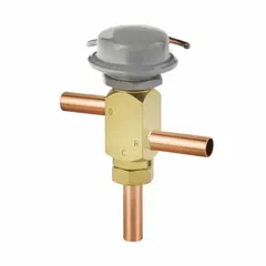 Fixed-setting head pressure control valve for R-407C refrigeration systems. Maintains proper condenser pressure during low ambient temperatures. Features 1/2-inch female sweat connections on both condenser and receiver ports. Set to 100 psi with black LS finish.