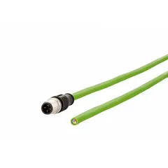 Single-ended M12 data cordset with D-coded male straight plug on one end and bare wire on the other. 2 m length, green PUR jacket, IPX5 rating. Supports Cat5 performance for industrial Ethernet networks such as PROFINET, connecting field devices to controllers.