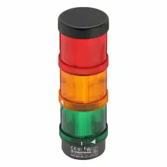 Two-tier tower light assembly with green and red light tiers for visual status indication. Green tier signals normal operation or machine-ready status; red tier indicates alarms or faults. Operates at 115V AC, overall height 212 mm, diameter 70 mm. No sounder tier included.