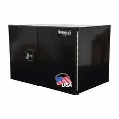 This double barn-door box from BUYERS PRODUCTS is designed for underbody truck mounting. It features a black finish and a keyed lock for security. With a 24-inch overall depth, it provides storage for tools and equipment in fleet and vehicle maintenance applications.
