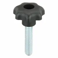 This 7-arm knob with threaded stud is used for manual adjustment and clamping on industrial machinery, jigs, and fixtures. It has a 32 mm diameter, M8 thread, and 35 mm thread length. The knob is made of plastic with a steel threaded stud, providing ergonomic grip for frequent hand-tightening operations
