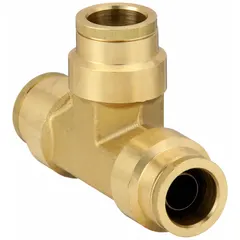 Brass push-to-connect tee fitting with tube x tube x push-to-connect configuration. Connects three 5/8 in OD tubes. Used in pneumatic circuits and air brake systems for branch connections.