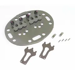 Valve plate assembly for reciprocating compressors in HVACR systems. Controls refrigerant flow through suction and discharge valves. Direct replacement component for maintaining compressor operation.