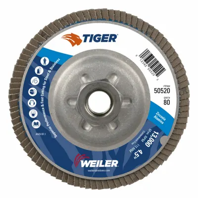 WEILER Flap Disc: Type 29, 4-1/2" x 5/8"-11, Zirconia Alumina, 80 Grit, Aluminum Bk - High-Performance Flap Discs for Carbon & Stainless Steel