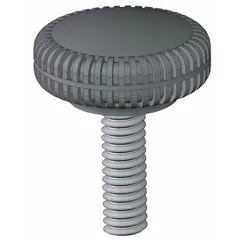 Knurled knob with threaded stud, 1 in diameter, plastic body with steel thread insert, 1/4"-20 thread size, 1 in thread length. Used for manual adjustment and clamping on machinery, jigs, and fixtures.