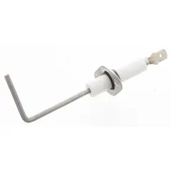 Flame sensor for gas-fired heating equipment. Detects flame presence to ensure safe burner operation by signaling the system to keep the gas valve open only when a flame is confirmed. Used in HVACR controls for replacement applications.