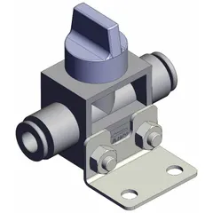 Manual air control valve with knob actuator, 2 ports, 6 mm side-ported body, and gray actuator. Used to start, stop, or direct airflow in pneumatic systems for panel-mount or handheld control applications.