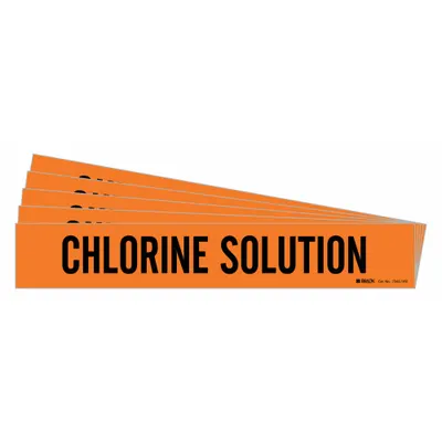 BRADY Pipe Marker: Chlorine Solution, Orange, Black, Fits 8 in and Larger Pipe O.D. - Chlorine Solution Adhesive Pipe Markers