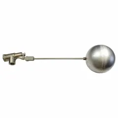 Angle valve body float valve assembly for water level control in tanks and reservoirs. Includes float and rod with 1/4"-20 thread, adjustable arm, and FNPT connections. Flow rate 52 gpm at 65 psi. Horizontal piping mounting.