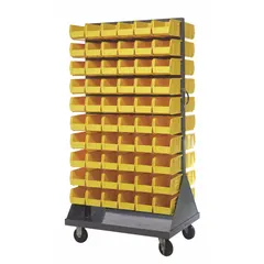 This vertical mobile louvered rack includes 120 yellow bins, each 5-1/2 in wide, 10-7/8 in deep, and 5 in high. The gray rack is equipped with two swivel casters with hard rubber tread for mobility. Suitable for organized storage and retrieval of small parts in industrial and warehouse settings.