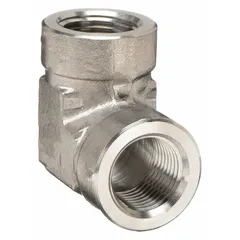 This 90° elbow is used in extreme pressure instrumentation systems to change fluid direction. Made of 316 stainless steel with a fitting pipe size of 3/4 in x 3/4 in, it has a maximum operating pressure of 3,500 psi and a length of 2 23/32 in. Common in hydraulic, pneumatic, and process control lines.
