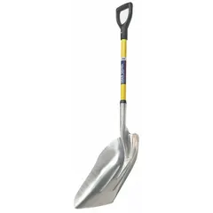 Aluminum scoop shovel with a #12 blade size and 14-1/4 inch blade width. Features two ribs for structural reinforcement and a D-grip handle. Used for moving bulk materials such as grain, sand, or snow in industrial, agricultural, and facility maintenance applications.