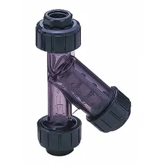 PVC Y strainer with 3 in NPT connections, 0.0331 in mesh PVC screen, and EPDM seal. Height 9 1/4 in, length 17 1/8 in. Used for removing debris from pipelines in fluid systems where corrosion resistance is required.