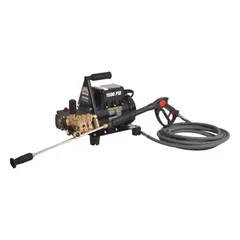 This cold water pressure washer operates on 120 V single-phase power, delivering 1,000 psi at 2 gpm with a 1 1/2 hp motor. It features a direct pump drive and is designed for cold water intake only. Suitable for cleaning vehicles, equipment, and outdoor surfaces where a 120 V supply is available.