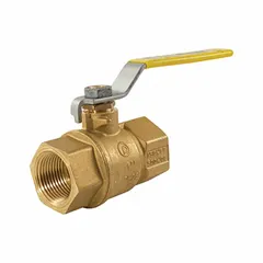 This JOMAR VALVE two-way ball valve features a full-port brass body with press x press connections and a locking lever handle. Designed for on/off flow control in commercial and light industrial piping systems handling water, oil, or gas. The full-port design minimizes pressure drop, and the locking lever provides secure shut-off.