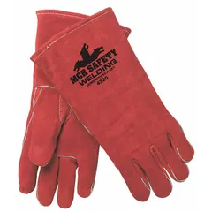 These stick welding gloves feature a premium red cowhide leather palm and gauntlet cuff, with a straight thumb design. The red cowhide backing provides heat resistance and durability for heavy-duty welding tasks. Sold in a 12-pack.