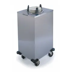NSF-certified stainless steel heated plate dispenser cart with 12 1/4 in plate capacity and 39 7/8 in overall height. Features two casters with brake for mobility and stability. Suitable for commercial foodservice operations requiring organized plate storage and warming.