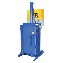This hydraulic drum crusher-compactor is designed for crushing 55-gallon metal drums in industrial waste management applications. It features a three-phase AC motor with a totally enclosed enclosure, automatic reset, and operates at 230V AC. The unit measures 25 in x 25 in x 35.75 in.