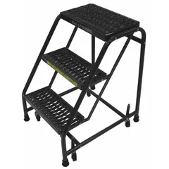 Steel rolling step stool with three steps, 450 lb load capacity, and 2.4 ft standing height. Features a rectangular gray frame and four swivel casters for mobility. Suitable for reaching elevated storage or work areas in industrial and warehouse settings where handrails are not required.