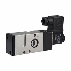 Single solenoid valve with NAMUR mounting interface, 3 ports, and 1/4 in NPT inlet and outlet connections. Operates on 12V DC. Suitable for controlling air or neutral gases in pneumatic actuator applications.