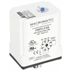 Socket-mounted relay for monitoring undervoltage conditions in three-phase AC systems. Rated 10 A, operating range 190 to 500V AC. Used in industrial control panels to protect motors and equipment from low-voltage damage.