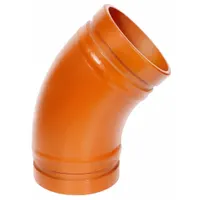 This 45° grooved pipe elbow is made of ductile iron and sized 8 in x 8 in. It is rated for a maximum operating pressure of 300 psi at 150° F. Used in industrial piping systems to change flow direction, commonly applied in fire protection, HVAC, and process piping