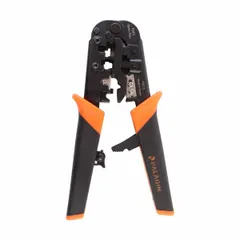 This 8-inch modular data plug crimper is designed for terminating unshielded twisted-pair cables with RJ-11/22 and RJ-45 connectors. It provides snag-free termination for network and telecom installations in structured cabling systems. The tool is non-insulated and suitable for precision crimping of modular plugs.