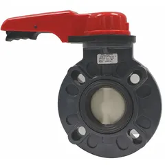 This 2-inch PVC butterfly valve features a concentric wafer design with a lever handle and polypropylene disc. Rated for 150 psi CWP, it has 4 bolt holes and is suited for on-off flow control in industrial piping systems handling water, chemicals, or air.
