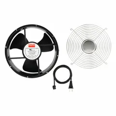 This Dayton axial fan kit is designed for general ventilation, air circulation, and cooling of electronic enclosures in indoor commercial or industrial spaces. The fan features a 10-inch diameter, 3 1/2-inch depth, aluminum construction, and operates on 120V AC with terminal connections. It includes a steel wire guard and carries an IP20 rating for protection against solid objects larger than 12 mm.
