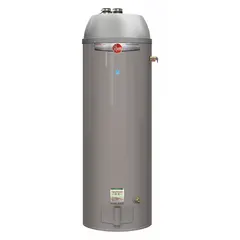 Natural gas water heater with 40-gallon nominal tank capacity and 40,000 BTU input. Features hot surface ignition, direct venting (2 in vent connection), and a Low NOx compliant burner. Includes temperature and pressure relief valve, operates on 120V AC, with recovery rate of 40.4 gph @ 90°F rise. Suitable for light-duty residential hot water supply.