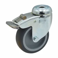 Swivel caster with face brake and hollow kingpin mounting. Silver frame. Compatible with Span America QD8100/QD8250 healthcare beds. Used for smooth mobility and secure locking in patient bed positioning.