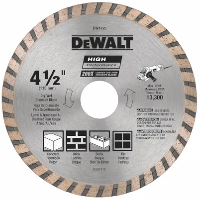 DEWALT Diamond Saw Blade: Masonry, 4 1/2 in Blade Dia., 7/8 in Arbor Size, Wet/Dry - Concrete & Asphalt-Cutting Blades