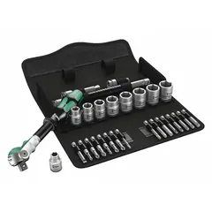 This 29-piece SAE socket set with drive tools features a 3/8 in drive and includes 16 bits. The friction drive tool mechanism enables secure bit retention. Sizes range from 1/4 in to 3/4 in, suitable for tightening and loosening fasteners in automotive repair, industrial maintenance, and mechanical assembly.