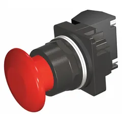 Momentary-action mushroom-head push button with a 30 mm non-metallic profile. Features pressure plate terminal connection. Suitable for use as an emergency stop or start actuator in industrial control panels and machinery.