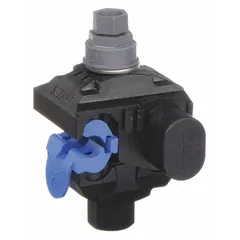 Mechanical insulation piercing connector for moisture-resistant electrical tap connections. Accommodates run wires from 8 AWG to 1/0 AWG and tap wires from 10 AWG to 2 AWG. Features corrosion-resistant gel fill and includes bolt. No wire stripping required.