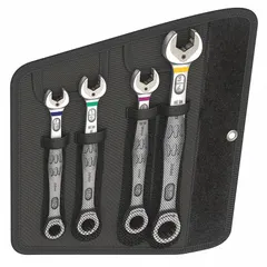 This SAE 12-point ratcheting combination wrench set includes 4 tools ranging from 7/16 in to 3/4 in. Constructed from alloy steel with a nickel chrome finish, the wrenches feature a reversing mechanism for bidirectional use. The set is supplied in a pouch for storage. Typical applications include tightening and loosening fasteners in confined spaces.