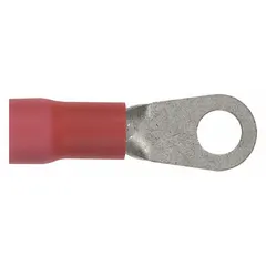 Red vinyl-insulated ring terminal rated for 600 V. Accepts 8 AWG wire and fits a 3/8 in stud. Funnel entry design aids wire insertion. Used for terminating wires to studs in electrical panels, control cabinets, and industrial machinery.