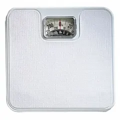 Mechanical bathroom scale for personal weight measurement. Weighs in pounds with a readability of 1 kg/2 lb. Features an integrated indicator and includes a white mat. Suitable for home, gym, or clinic use in dry environments.