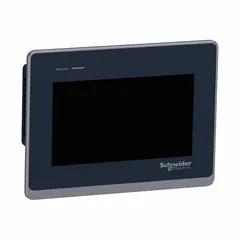 7-inch TFT color LCD resistive touch HMI for industrial operator interface. Operates on 24V DC power. Supports Uni-Telway communication protocol for data exchange with PLCs and controllers. Suitable for machine control and process monitoring applications.